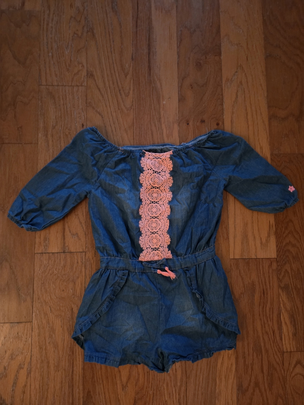 Limited Too Blue Denim Romper with Pink Lace Accent